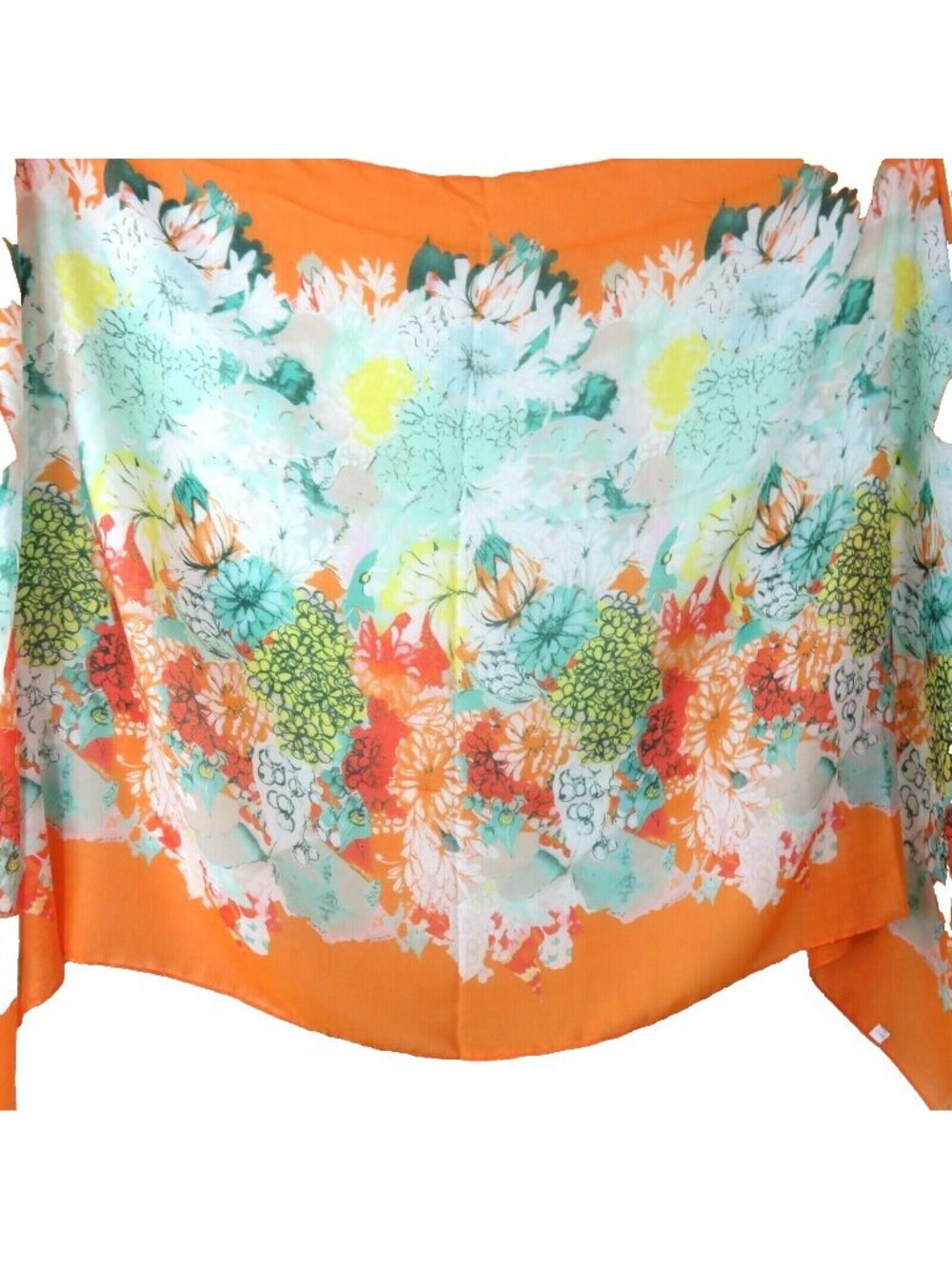 New Womens Floral Print Lightweight Scarf with Vibrant Orange Border